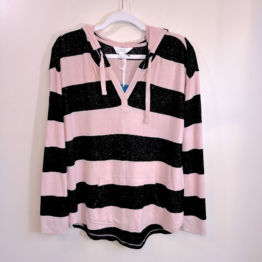 NWT Market & Spruce Brushed Knit Light Pink and Black Striped Hoodie Size Large - Picture 10 of 11